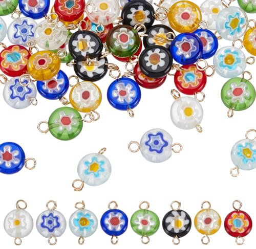 HOBBIESAY 48 Stück Lampwork Charms 8 Farben Millefiori Lampwork Charms Glas Lampwork Verbinder Flache Runde Blumen Charms Bunte Abstandshalter Lose Baumelnde Charms Für Die Schmuckherstellung