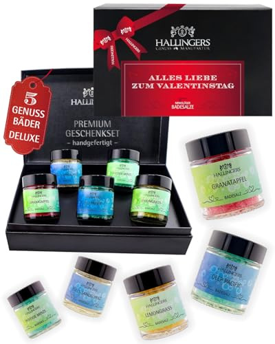 Hallingers Genuss Manufaktur Badesalz Geschenkset Valentinstag – 5 Badezusätze mit Totes Meer Salz in edler Geschenkbox Alles Liebe zum Valentinstag, liebe Wellness & Spa Geschenkidee für sie & ihn