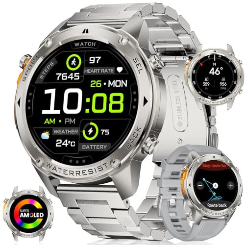 Smartwatch Herren mit GPS,Kompass,Barometerdruck,Höhenmesser, 1.43'' AMOLED Display, 170+ Sportmodi, 5ATM Wasserdicht, 45+ Tage Akku, Militär Smartwatch Edelstahl für Android iOS (2 Uhrbänder)Silbern