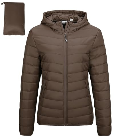 Outdoor Ventures Women's Winter Lightweight Puffer Jacket with Hood, Warm, Short, Packable, Quilted, Transitional, Padded Jacket for Ladies, Lined for Hiking, Travel Brown L