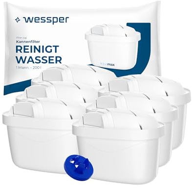 Wessper Wasserfilter Kartuschen 6er Set | Kompatibel mit Brita, Dafi, Philips und Aquafloow Wasserfilterkannen | Reduziert Chlor & Kalk für reineres Trinkwasser | Kompatibel mit Wasserfilterkannen