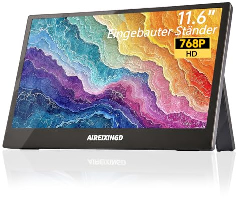 AIREIIXNGD 11.6 Tragbarer Monitor 1366x768 TN Gewicht 400g Reise-Display | Gewicht 400g Leichter Zweitbildschirm mit integriertem Ständer & Lautsprechern, HDMI für Laptop, PC, Handy