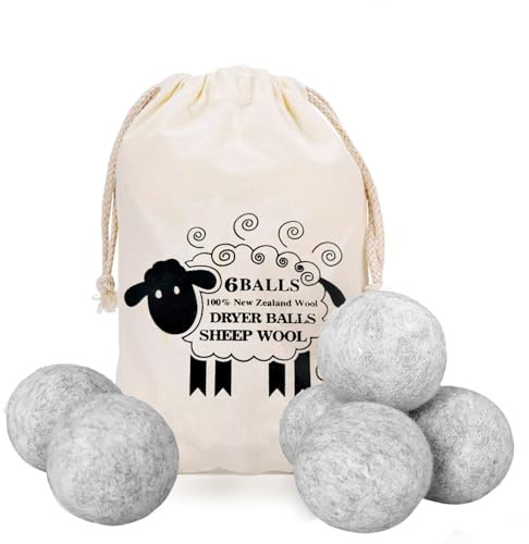 Tumble Dryer Balls Pack of 6, Reusable Cotton Wool Dryer Balls Natural Fabric Softener Pet Hair Remover Washing Machine Reduces Clothing Wrinkles Saves Drying Time (Grey - 7 cm)