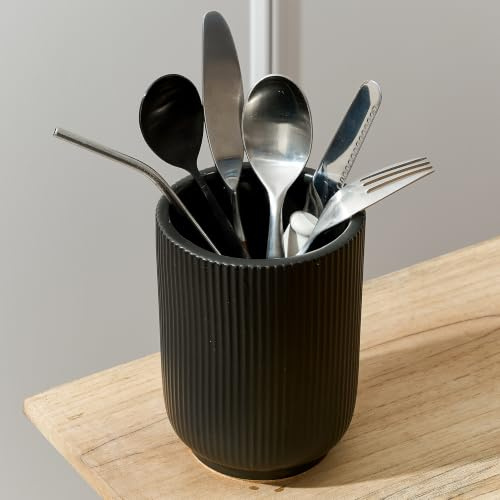 15.8 cm (H) Utensil Holder for Kitchen Counter, Nordic Minimalist Style Cooking Utensil Holder and Crock Home Kitchen Decor, Ceramic Utensil Organizer for Spatula, Ladle, Eggbeater, Rolling Pin- Black