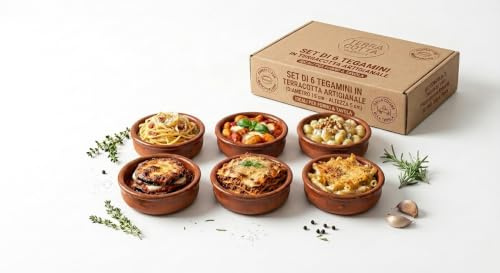 DETERMONDO 6 Tegamini in Terracotta da Forno 15 cm Cocotte Monoporzione Artigianali Ciotole in Coccio per Lasagne Fusilli e Zuppe, Terrine Ideali per Forno e Tavola Made in Italy