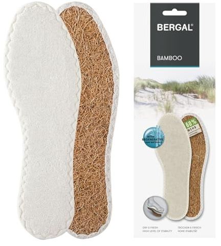 BERGAL BAMBOO 1 Paar Barfußsohlen Gr. 46 Frottee-Sohlen gegen Schweißfüße | Natürliche, atmungsaktive Einlegesohlen Bambus-Frottee & Kokosfaser 60 % mehr Feuchtigkeitsaufnahme als Baumwoll‑Frottee