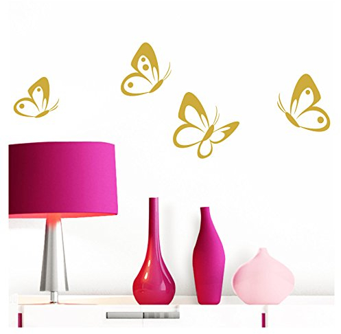 Grandora Wandtattoo 4er Set Schmetterlinge I Gold 8-10 cm I Baby Kinderzimmer selbstklebend Wand Aufkleber Wandaufkleber Wandsticker Sticker W697