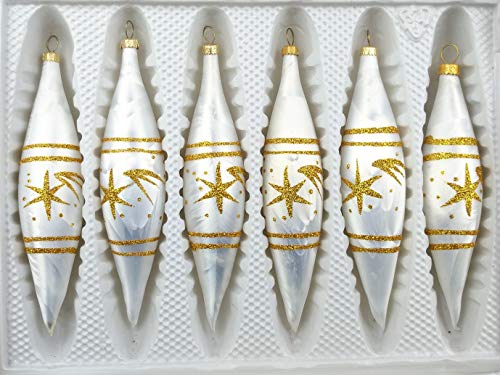 6 TLG. Glas-Zapfen Set in Ice Weiss Gold Komet - Christbaumkugeln - Weihnachtsschmuck-Christbaumschmuck