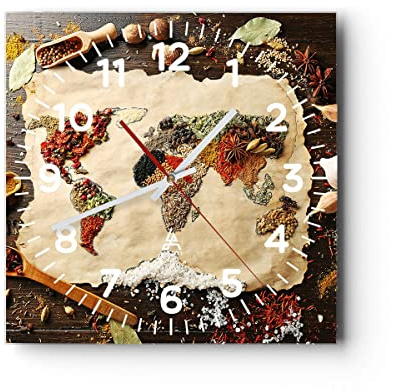 ARTTOR Moderne Glasuhr 30x30cm Quadrat Wanduhr Küche Weltkarte - 2832 | Welt Karte Gewürze Glas Analog Wanduhr Lautlos Wanddekoration Wohnzimmer Büro Küche Wanddeko Küchenuhr Geräuschlos ARTTOR