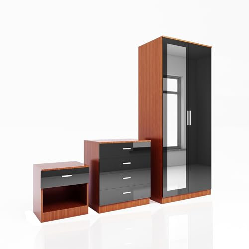 ELEGANT 3 Piece Bedroom Furniture Sets High Gloss Soft Close Wardrobe Mirrored + 4 Storage Drawer Chest of Drawers + Bedside Cabinet, Black-Walnut Wardrobe and Chest of Drawers Set