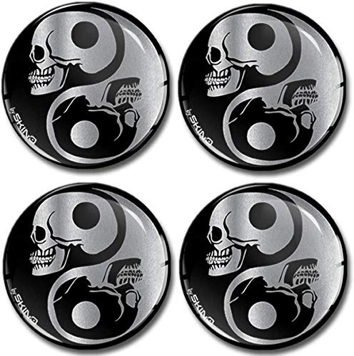 SkinoEu Aufkleber Autoaufkleber für Radkappen Nabenkappen Nabendeckel Radnabendeckel Rad-Aufkleber 55mm Yin Yang Schädel Totenkopf Silber A 8255