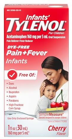Infants' Tylenol Oral Suspension Liquid Medicine with Acetaminophen, Baby Fever Reducer & Pain Reliever for Minor Aches & Pains, Sore Throat, Headache & Teething Pain, Dye-Free Cherry, 1 fl. oz