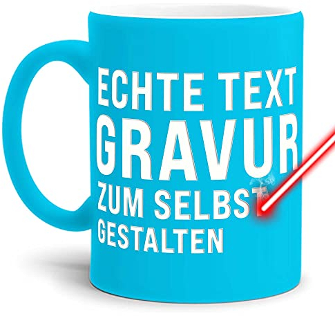 PR Print Royal Tasse mit Gravur selbst gestalten - mit eigenem Wunschtext oder Wunschname gravieren - Keramiktasse Matte Oberfläche - hellblau, 300 ml | Personalisiert mit Lasergravur