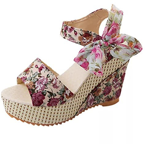 ZXCN Sandali con Zeppa da Donna Sandali con Zeppa da Donna Open Toe con Stampa Floreale Piattaforma Bohemia Sandali con Tacco Alto Moda Scarpe da Donna con Cinturino alla Caviglia Estate