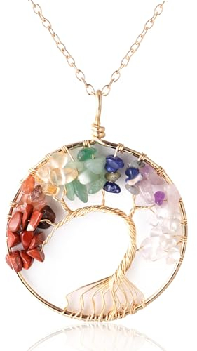 HALUKAKAH Donne Cristalli e Pietre Curative Collana Ottone Placcato Oro Filo Naturale Cristallo Multicolore Fatto a mano Albero della Vita Sinuoso Ciondolo 5cm Catena 50cm
