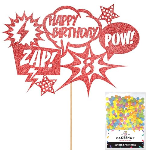 Personalised Superhero Comic Pow! Zap! Glitter Cake Topper- Red Any Custom Age Glitter Cake Decoration and Sprinkles - Happy Birthday Decorations - Personalised Toppers for Cakes by Cakeshop