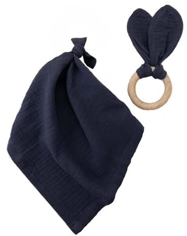 Set aus Schmusedecke und Hasenohren-Beißring für Baby, 100% Bio-Baumwolle, Musselin Stoff, Beißring aus Holz für Babys Blau