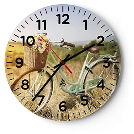 Modern Wanduhr Fahrrad Wiese Blumen 30x30cm Rund Klein Wand Uhr Glas Analog Zimmeruhren Küche Büro Wohnzimmer Glasuhr Wall Clock Dekoration Design Wanddekoration Küchenuhr C4AR30x30-4206