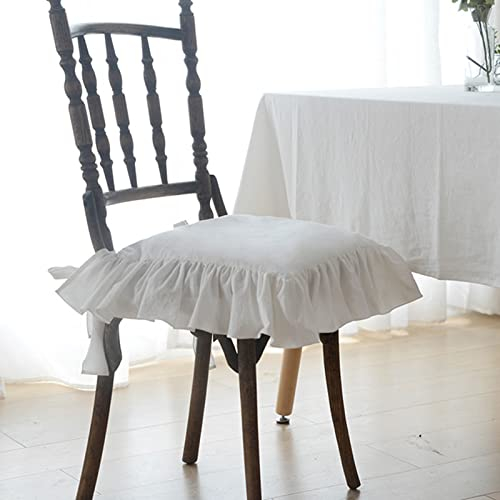 ZYFAB Rüschen Stuhlkissen mit Krawatten Elegant Vintage Baumwolle Stuhlauflagen Weich Baumwollfüllung Sitzkissen für Bauernhaus Home,Weiß,37 * 37cm
