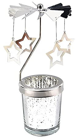 Surakey Windlicht Teelichtkarussel aus Glas Teelichthalter,Silber Karussell Teelichter Kerzenhalter,Motiv Fünf Sterne Windlichter Teelicht Kerzen Halter Geschenk Dekoration für Hochzeit,Weihnachten