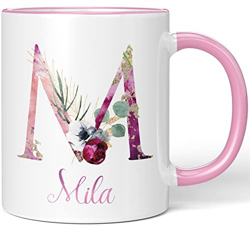 JUNIWORDS Tasse, Mila, Name Anfangsbuchstabe Initial Alphabet Floral Buchstabe M Monogramm Motiv, Rosa (5528549)