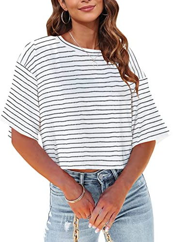 Tankaneo Women Half Sleeve Cropped T-Shirts Drop Shoulder Round Neck Crop Tops Casual Summer Solid Color Basic Tees