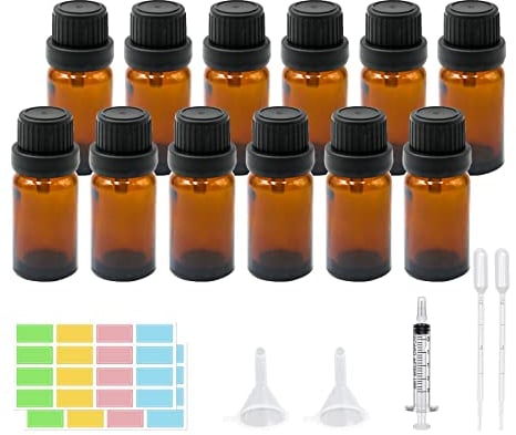 12Pcs 10ml Essential Oils Glass Bottles,Amber Refillable Empty Essential Oil Bottle with Black Cap Dark Sample Glass Bottles for Essential oil Diffuser Massage Oils Beauty Oil Mix (Amber 10ml)