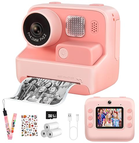 Sofortbildkamera Kinder,2.0 Zoll LCD Bildschirm,1080P HD Kinderkamera Sofortbildkamera mit DREI Rollen Druckpapier und 32G SD Karte,Geschenk für Kinder 3-12 Jahre