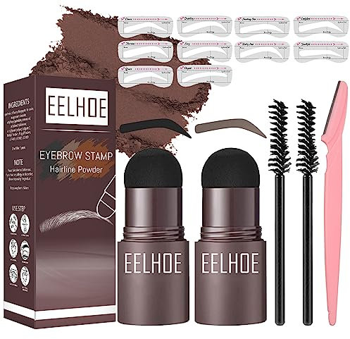 2 Stücke Augenbrauen Stempel Set Wasserfest,Eyebrow Stamp,Augenbrauen Puder Set,Augenbrauenschablonen Damen,Augenbrauenstempel mit 10 Schablonen+1 Augenbrauenschneider(Schwarz+Dunkelbraun)
