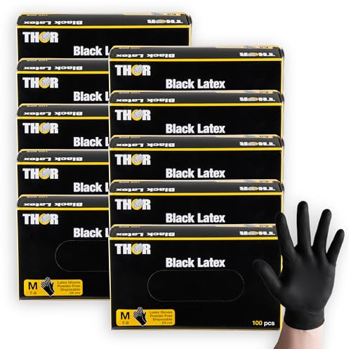 ABENA THOR Latexhandschuhe (M), 1000 Stück – Einmalhandschuhe Schwarz, handschuhe einweg, puderfrei – Einweghandschuhe & küchenhandschuhe für Putzen, Grillen & Werkstatt – Größen S, M, L, XL