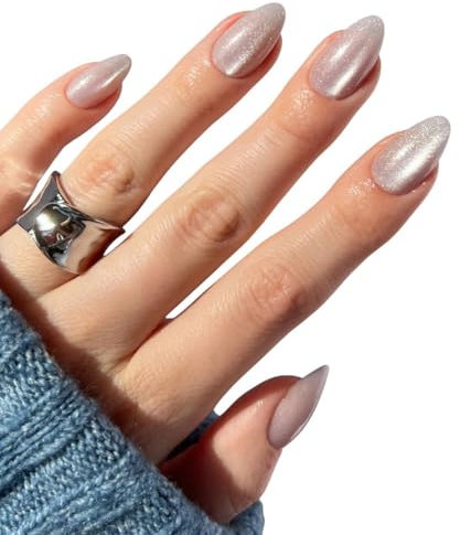 Glamnetic Press On Nails - Selenite | Soft White Sparkle Short Almond Fake Nails with a Glossy Finish, Reusable | 15 Sizes - 30 Nail Kit with Glue