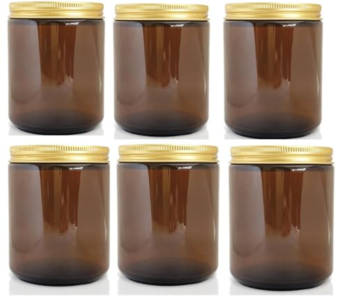 AMBER Glass Jars with Golden Lids PACK OF 6 Recyclable | BPA-Free |Empty Jars For Aromatherapy Blends |Creams |Candle Making 200ml storage for All purposes