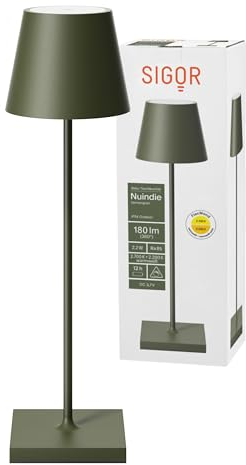 SIGOR Nuindie 2.0 - Dimmbare LED Akku-Tischlampe Indoor & Outdoor, IP54 spritzwassergeschützt, Höhe 38 cm, aufladbar mit USB-C, 12 h Leuchtdauer, tannengrün