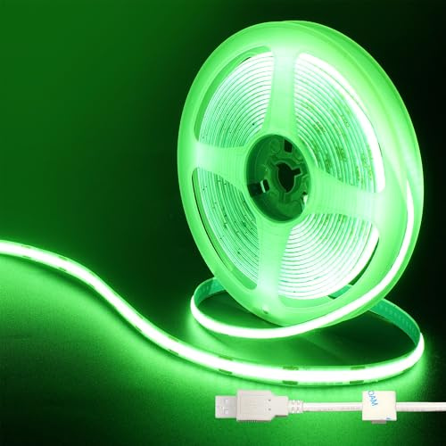 Clearhill 5V USB COB LED Strip Lights, 6.56FT / 2M, Grün, 320LEDs / M, 8mm Breite, Nicht wasserdicht IP20, 1M USB-Kabel, Flexible LED-Bandleuchte für DIY Home Indoor Dekoration
