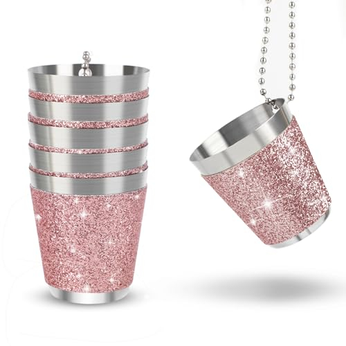 BEIMEIII 6 Stück Shot Becher Metall Zum Umhängen Schnapsgläser Edelstahl mit Kette Schnapsglas 30ml Shot Becher Rosa für Hochzeitsfeiern Junggesellenabschiede Karneval Weinprobe Party