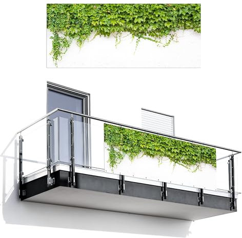 MuchoWow© Balkon Sichtschutz Einseitig 130x300 cm Groß Terrassen Gartenzaun Balkonfächer ohne Bohren Wetterfest für Zaun Terrasse Balkonbespannung Seitenschutz Pflanzen - Weiß - Steinoptik - Grün
