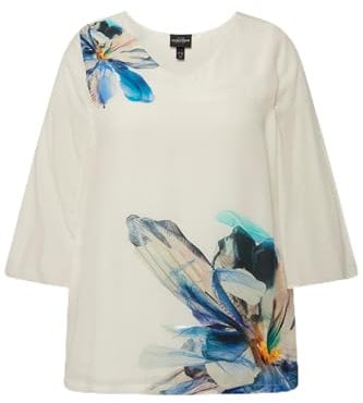 Ulla Popken Damen große Größen Übergrößen Plus Size Bluse, Blüten, Oversized, V-Ausschnitt, 3/4-Glockenärmel schneeweiß 46+ 828536200-46+