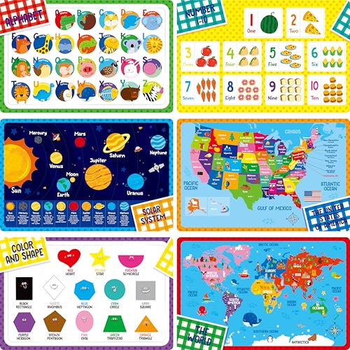 6er-Pack Tischsets für Kinder, rutschfest, waschbar, wiederverwendbar, Alphabet, Zahlen, Formen & Farben, Universum, Landkarten-Motive, lehrreiche Tischsets für Zuhause, Kindergarten, Klassenzimmer