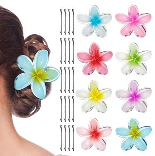 8 Piezas Pinza Pelo Flor Hawaiana, Pinzas Pelo Mujer Flor, 8 cm Pinza Flor Pelo con 20 Piezas Horquillas Negro Clips, Pinzas de Pelo Flor Antideslizantes, Pinzas de Flor para Mujeres y Niñas