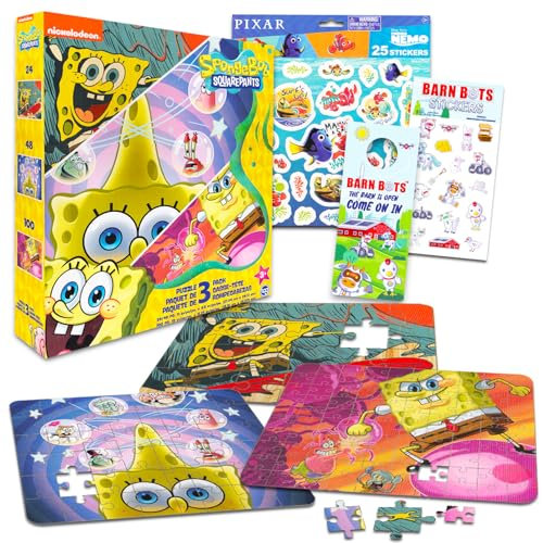 Spongebob Schwammkopf-Puzzle, 2er-Pack, Bündel mit 2 Spongebob-Puzzles mit Aufklebern, mehr (48 Stück, 100 Stück) | Spongebob Aktivitätsset für Kinder