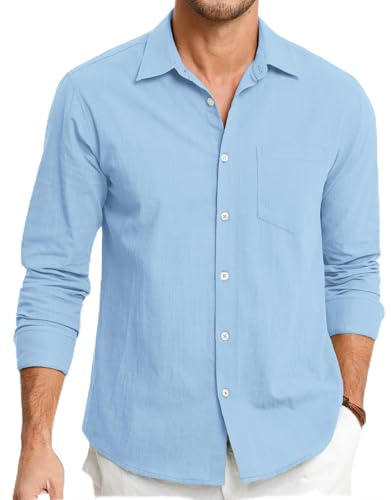 HISDERN Men's Linen Cotton Shirts Long Sleeve Lightweight Regular Fit Solid Button Casual Summer Shirt with Pocket