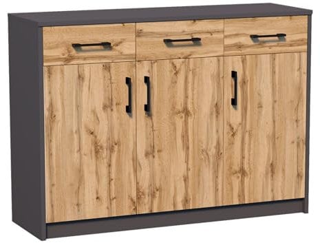 Kommode mit 3 Schubladen und 3 Türen in matter Ausführung, Kommode 110cm breit mit hochwertigen Polymergriffen Holz Schrank Kommode mit Schubladen - Aus laminierter Platte gefertigt graphit Eiche