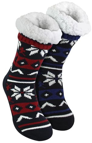 Sock Snob 2 Pack Mens Fairisle Knit Slipper Sock with Sherpa Lining Christmas Non Slip Lounge Socks