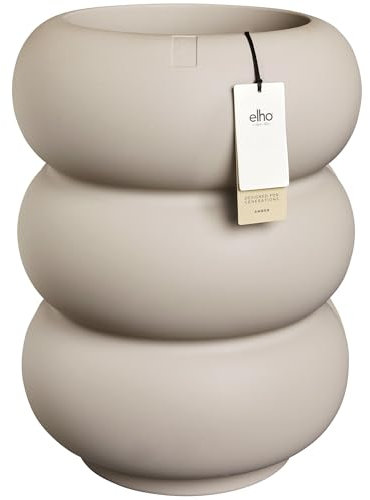 Elho Amber Roll Low 43 - Pot de Fleur - Interieur & Extérieur - Plastique 100% Recyclé - Ø 43 x H 40 cm - Beige/Greige