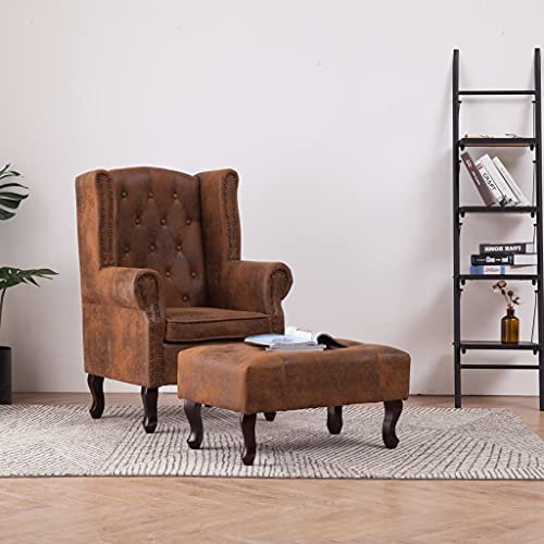 Willood Chesterfield-Sessel und Fußhocker Relaxsessel Polstersessel Fernsehsessel Lehnstuhl Lehnsessel Loungesessel Hocker Braun Wildleder-Optik
