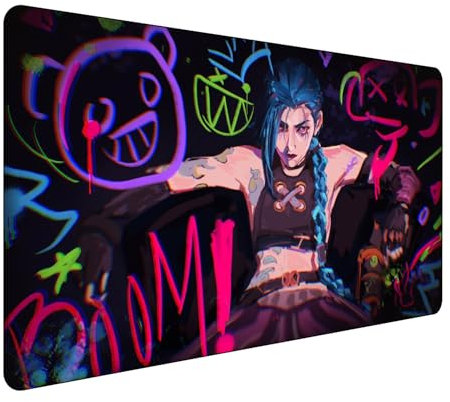 Tapis de souris de jeu League of Legends Jinx - Grand tapis de souris XXL - 900 x 400 mm - Dessous en caoutchouc antidérapant - Bords cousus - Pour PC, ordinateur portable, grande protection de bureau