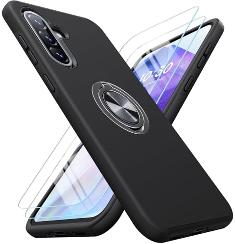 AOUIA für Samsung Galaxy A36 5G Hülle mit 2 Stück Panzerglas, 3-in-1 Set Schutzhülle, 360°Drehbarer Ring Kickstand, Anti-Fingerabdruck Militärstandard Stoßfest Handyhülle für Samsung A36, Schwarz
