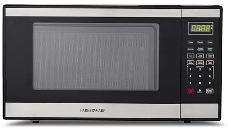 Farberware 1.1 Cu. Ft. Countertop Microwave Oven – 1000 Watts Power, Auto Cook Settings, Defrost, Easy Clean and Child Safety Lock - Stainless and Black