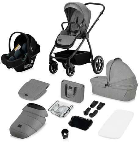 LIONELO MERIL 3-in-1 Multifunktionaler Kinderwagen 0-48 Monate Bis zu 22 kg, Babywanne bis zu 9 kg, Kindersitz bis zu 13 kg, Geländeräder 360°, Vollfederung, XXL-Verdeck mit UPF50+