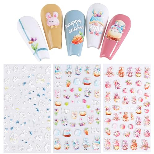 Kabwea 3 Stück 5D Geprägte Oster-Nagelkunst-Aufkleber, Nagelsticker Ostern, Nagelsticker, Nail Art